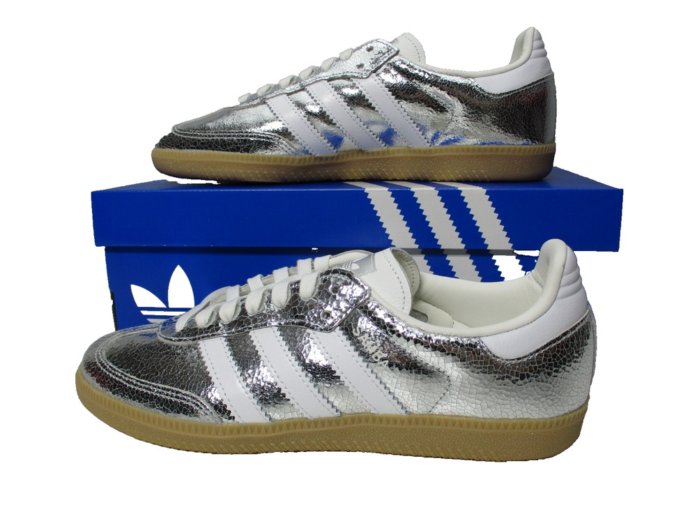 Adidas Samba OG Silver Metallic Cracked Leather Womens Sz 8.5 Shoes